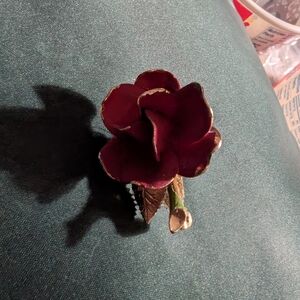 Enamel Flower Brooch in Metal And Deep Burgundy with Gold Trim #36